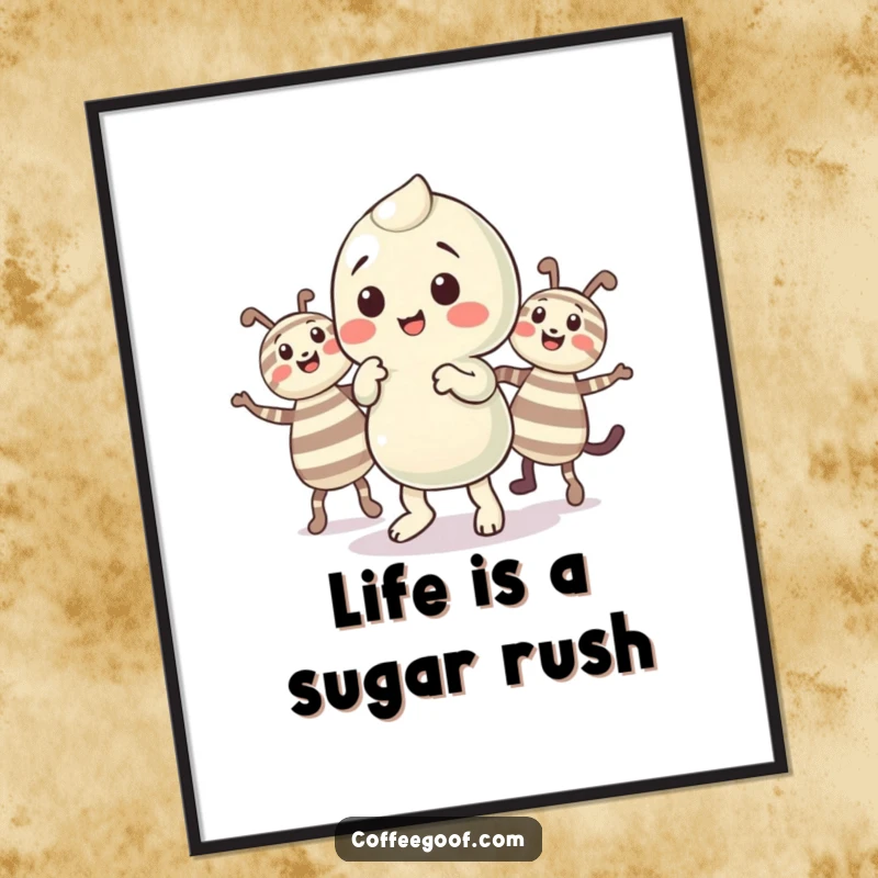 Funny Free Printable Wall Art featuring a playful candy character doing a cheerful jig alongside its colorful striped companions.