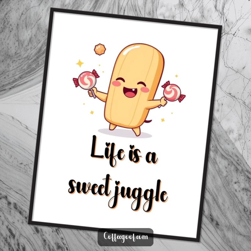 Funny Free Printable Wall Art: Winking baguette character expertly juggling three sparkling candies, vibrant and playful style.