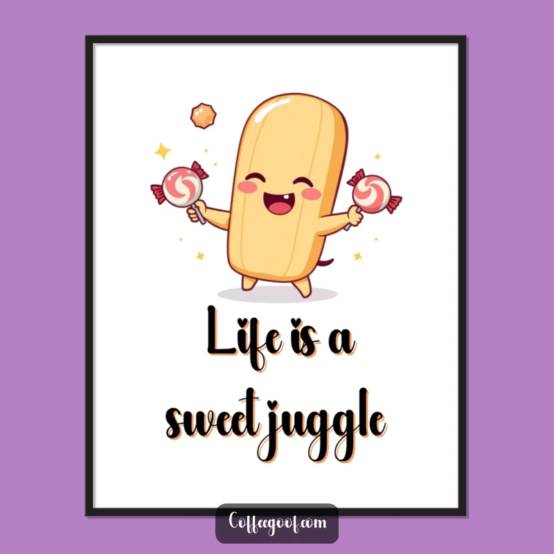 Free Printable Wall Art: Winking Baguette Juggles Candy, Quirky Food Decor