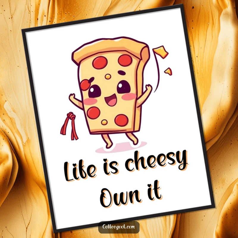Funny free printable wall art of a beaming pizza slice character throwing a long, cheesy string with a smile.