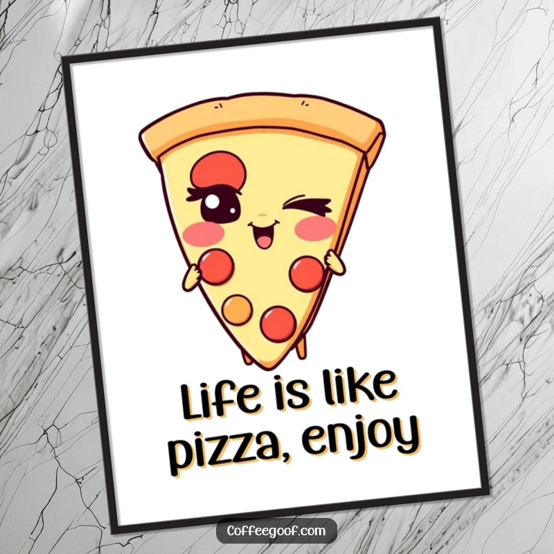 Funny Free Printable Wall Art of a giggling pizza slice character with a mischievous wink, looking deliciously fun.
