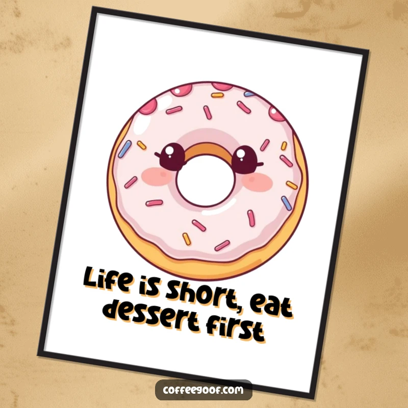 Funny free printable wall art featuring a happy donut with sprinkles bouncing gleefully, a charming and sweet decor piece.