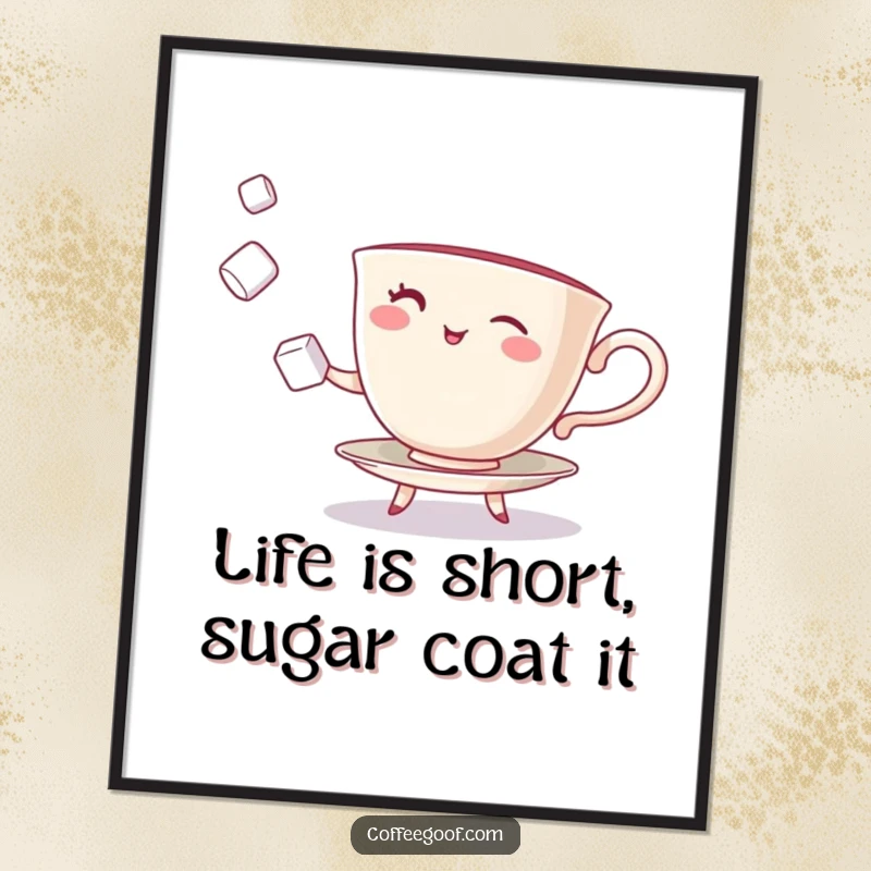 Funny Free Printable Wall Art: A winking teacup character deftly juggling sugar cubes, bringing playful energy to the room.