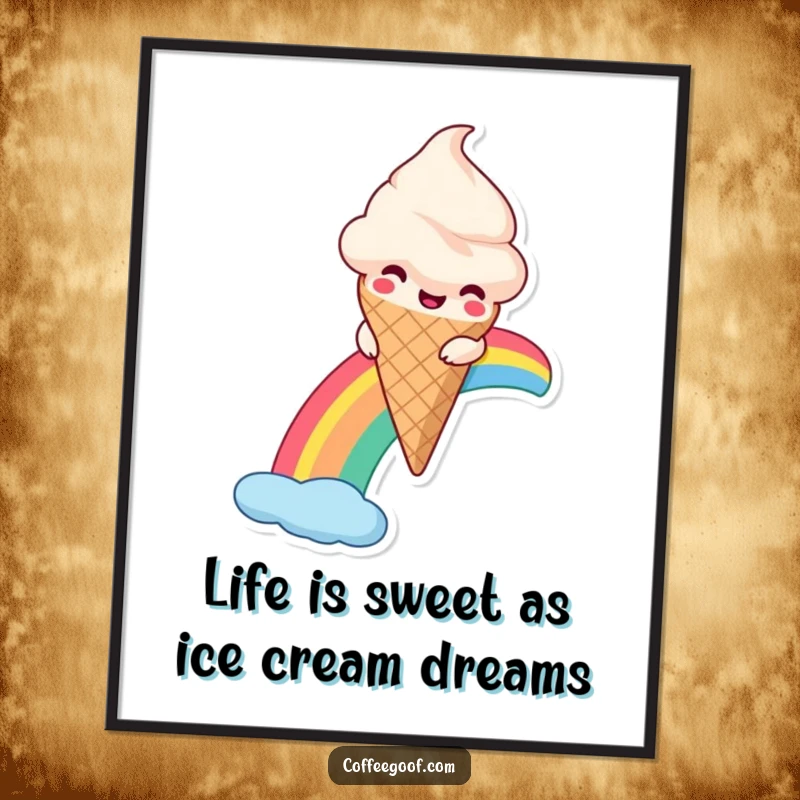 Funny Free Printable Wall Art of a smiling ice cream cone sliding down a vibrant rainbow, adding playful charm.