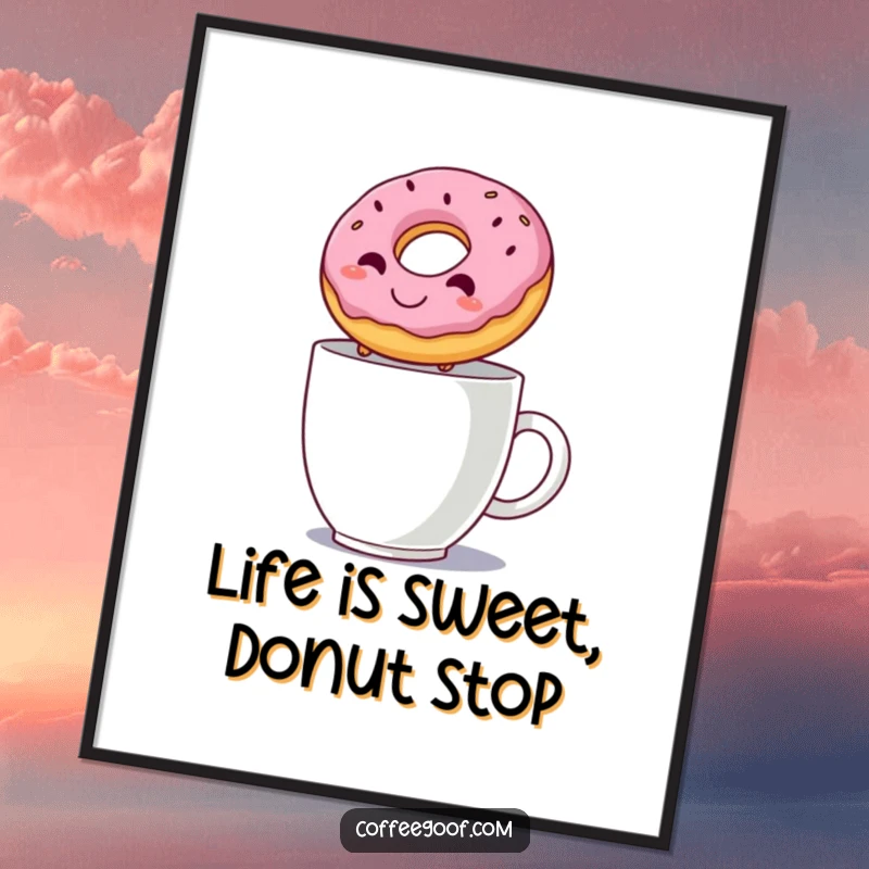 Funny free printable wall art depicting a jubilant donut in mid-air, jumping over a steaming coffee mug.