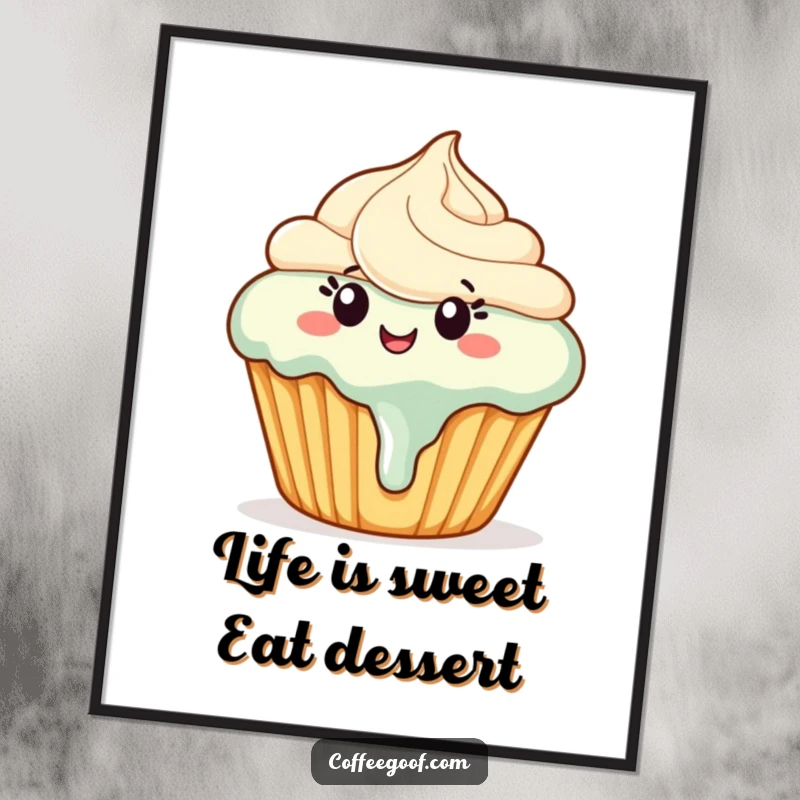 Funny Free Printable Wall Art of a happy cupcake with deliciously melting frosting, captured in a whimsical dance.