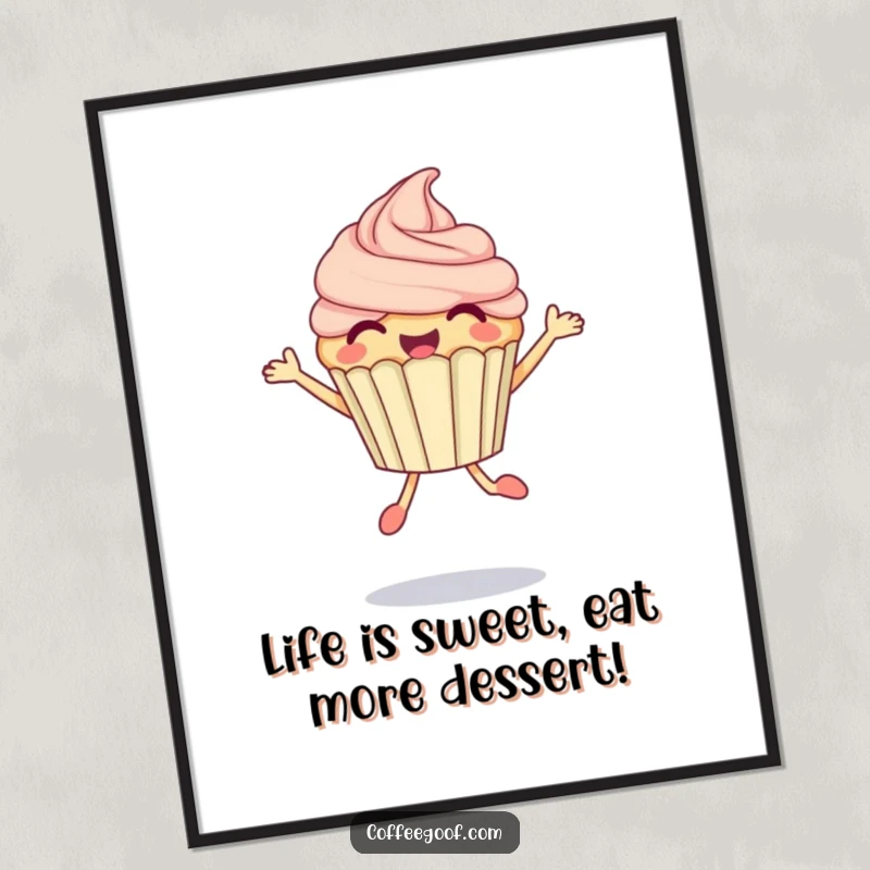 Funny Free Printable Wall Art of a happy cupcake jumping with bubbles, adding a playful and sweet touch to any room.