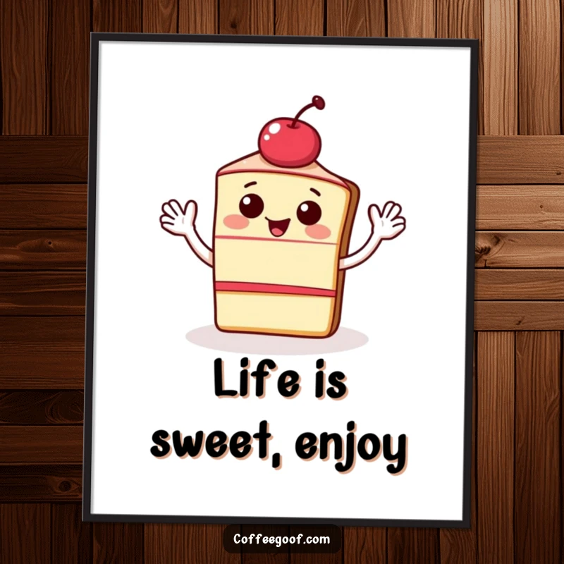 Funny Free Printable Wall Art: A happy slice of cake with a cherry on top, waving energetically, adding a sweet touch to your decor.