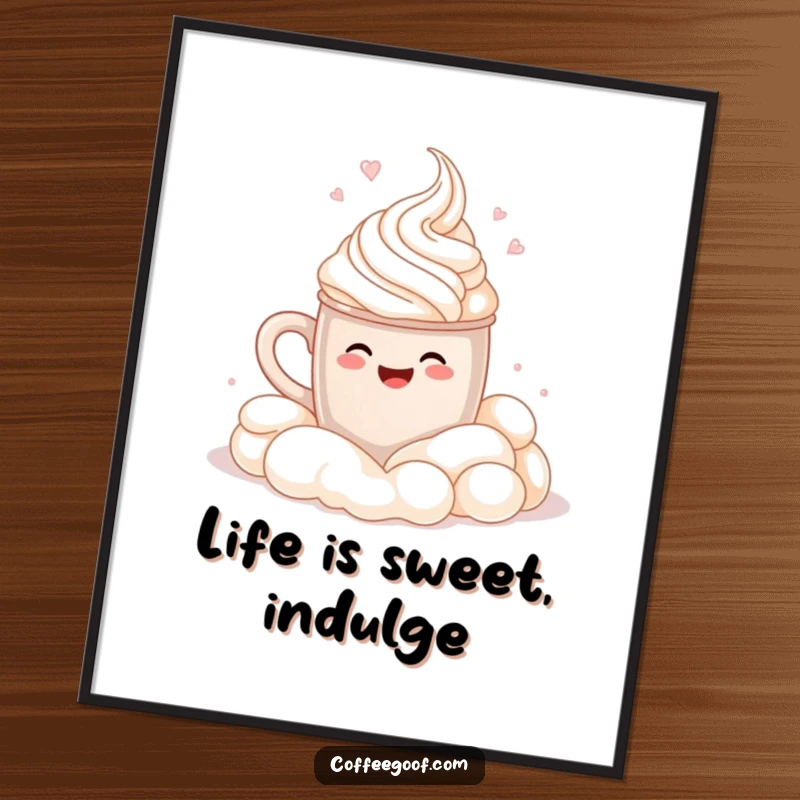 Funny Free Printable Wall Art: A smiling cocoa mug in a joyful cannonball pose into a cloud of whipped cream.