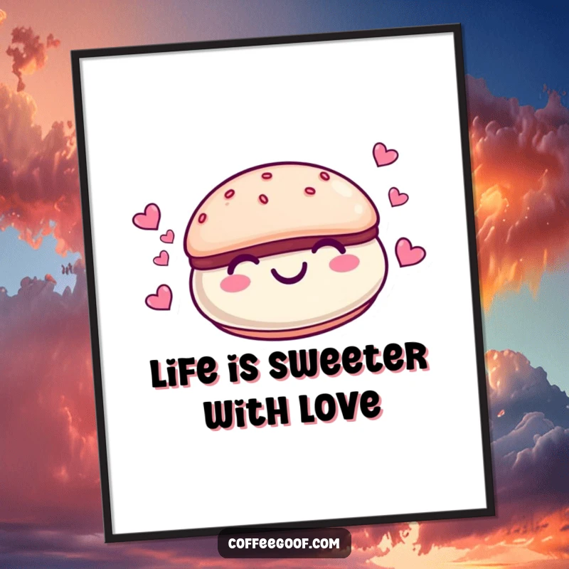 Funny Free Printable Wall Art: A happy macaroon character floating amidst tiny hearts, bringing a dose of sweetness to any room.
