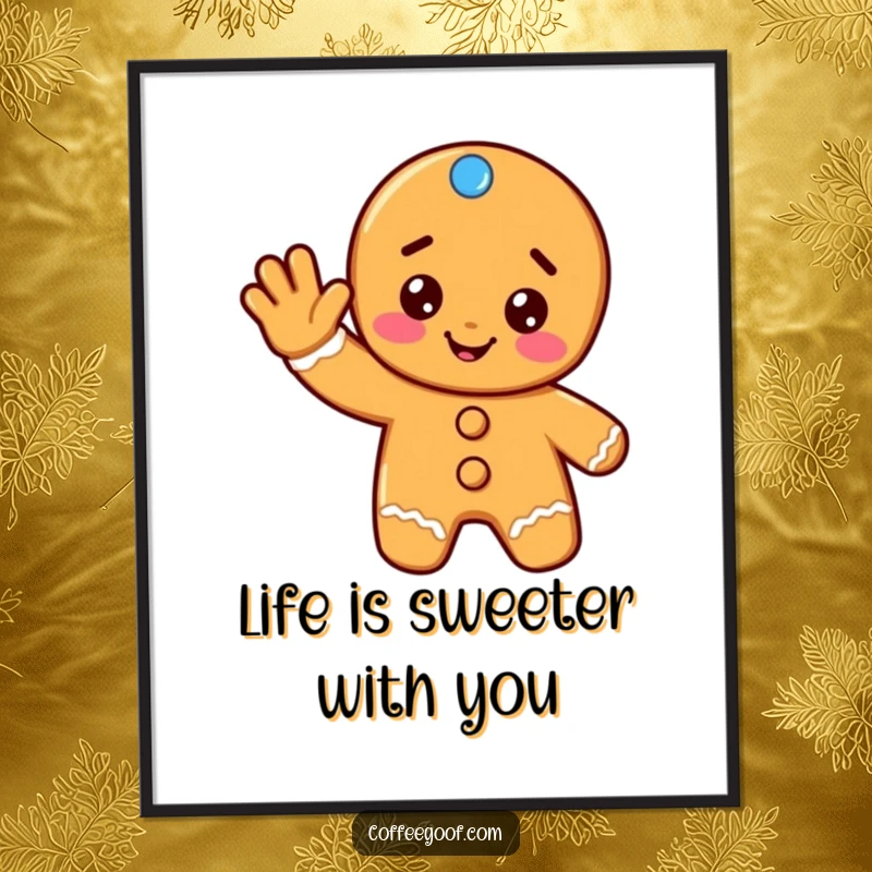 Funny free printable wall art: a cheerful gingerbread cookie giving a friendly wave, with icing details and a warm smile, perfect for a cozy kitchen.