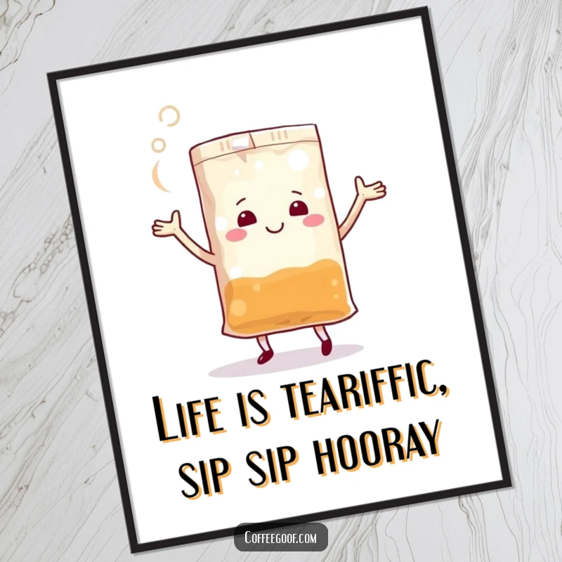Funny Free Printable Wall Art of a cheerful teabag dancing with steam, adding a humorous and lively touch to any room.