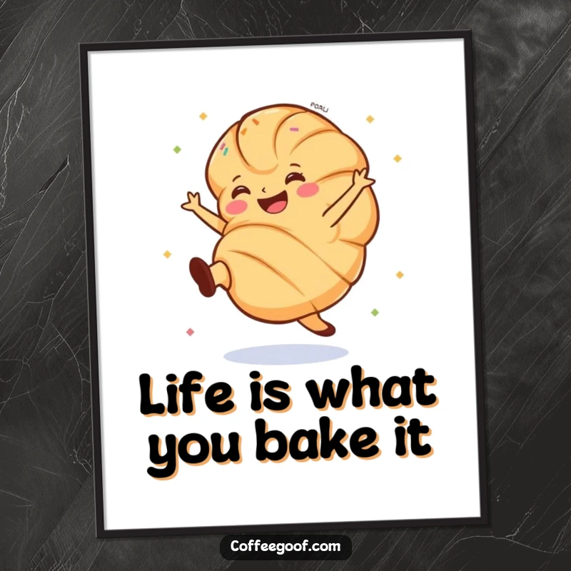 Funny Free Printable Wall Art showing a grinning croissant doing an energetic cartwheel, showered with festive sprinkles, full of joy.