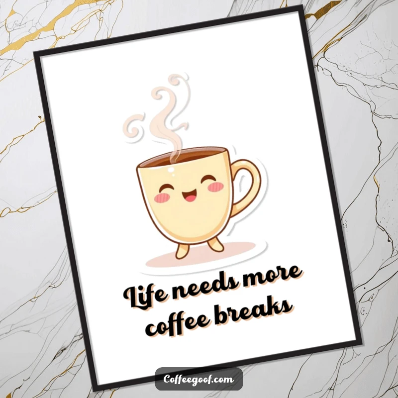 Funny Free Printable Wall Art: A smiling coffee cup character with playful steam swirls, radiating cheerful energy.