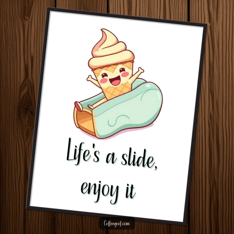 Funny Free Printable Wall Art: An anthropomorphic ice cream cone gleefully sliding, creating a dynamic and humorous visual for any room.