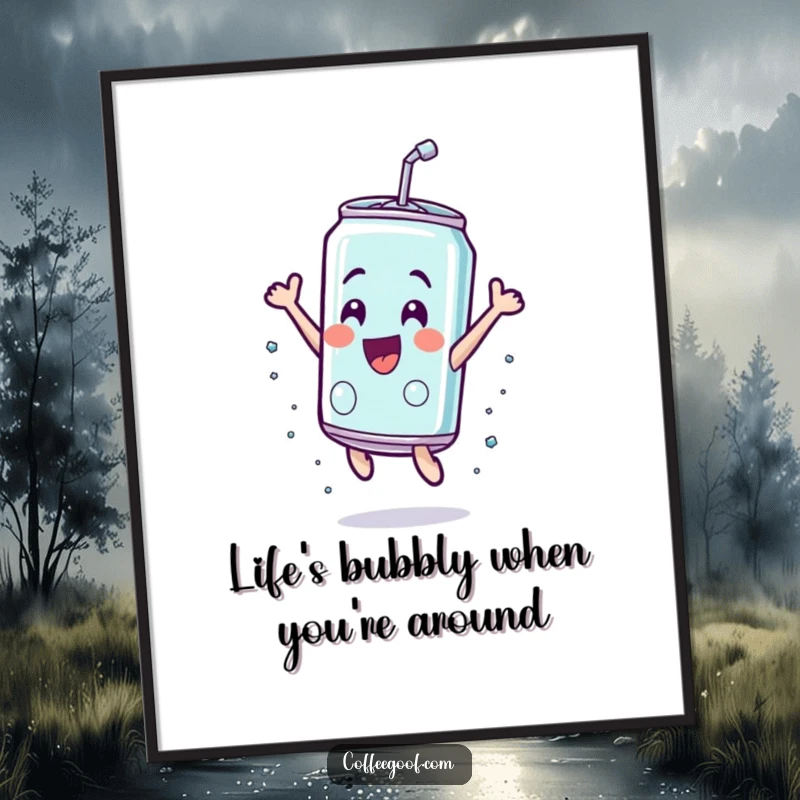 Funny Free Printable Wall Art: An exuberant soda can in mid-air leap, full of bubbly, playful energy.