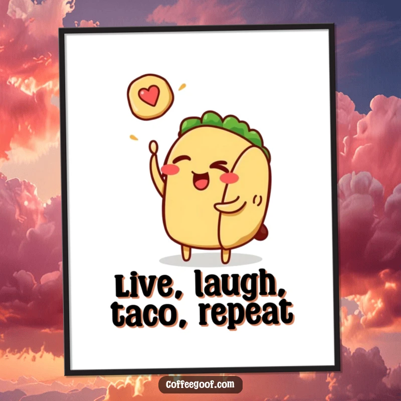 Funny Free Printable Wall Art: A winking taco character is caught in the act of playfully flipping a small pancake, adding humor.