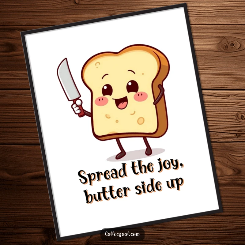Funny Free Printable Wall Art: Goofy toast character with a butter knife, enthusiastically waving hello, perfect for a quirky kitchen or office.