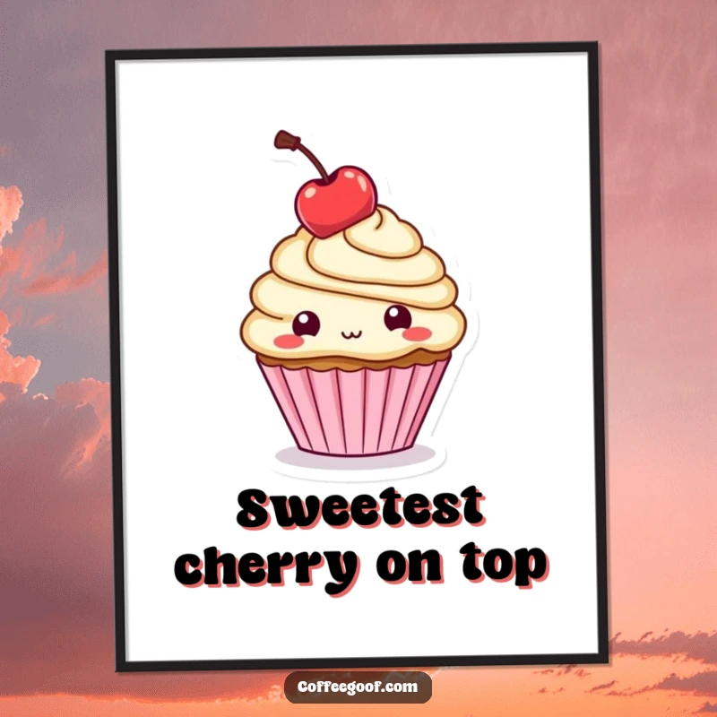 Funny Free Printable Wall Art: A delightful cupcake character artfully balancing a cherry on its tiny head.
