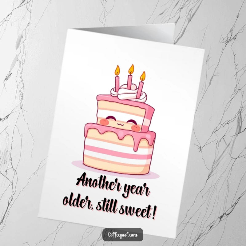Funny Free Printable Birthday Card featuring a proud cake character blowing out tiny, whimsical candles with joyous abandon.