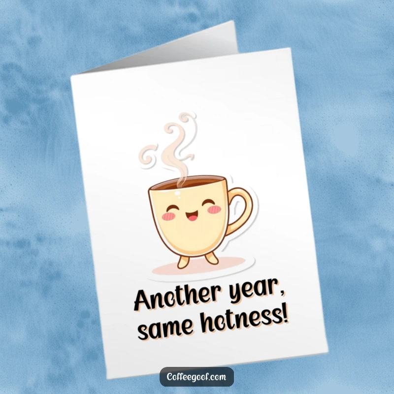 Funny Free Printable Birthday Card featuring a smiling coffee cup character with playful steam swirls, ready to celebrate.