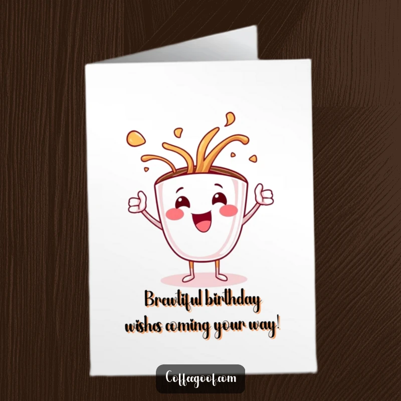 Funny free printable birthday card featuring a jubilant coffee cup character spilling steaming art with a joyful flourish.