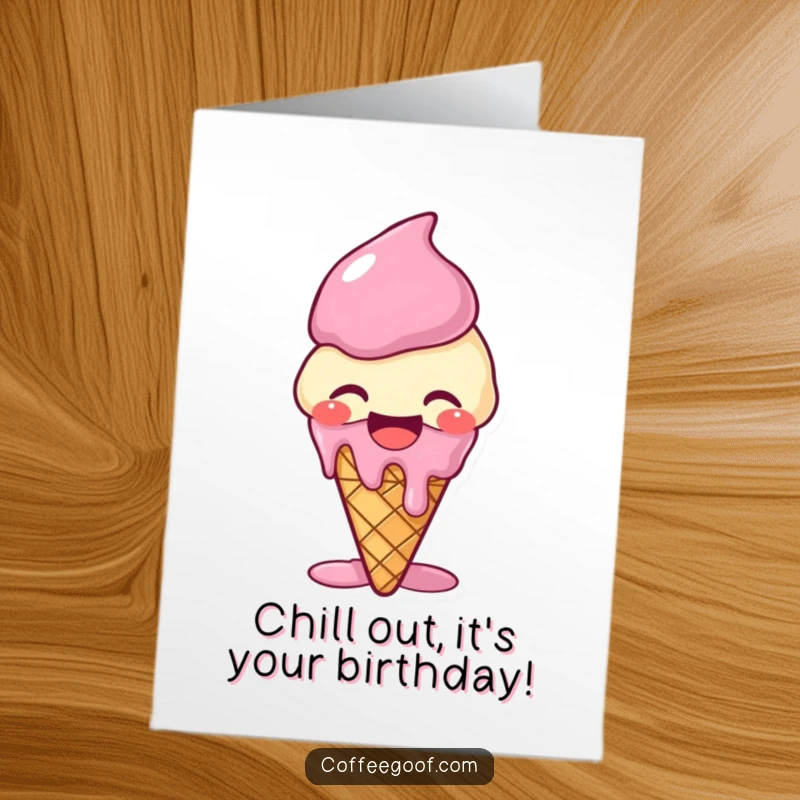 Funny Free Printable Birthday Card: A giggling ice cream cone melting slightly, laughing hysterically.