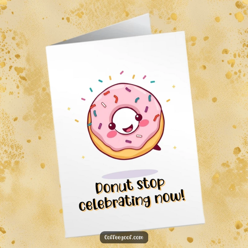 Funny Free Printable Birthday Card: A smiling donut performing a cartwheel, with colorful sprinkles flying mid-air, celebrating joyfully.