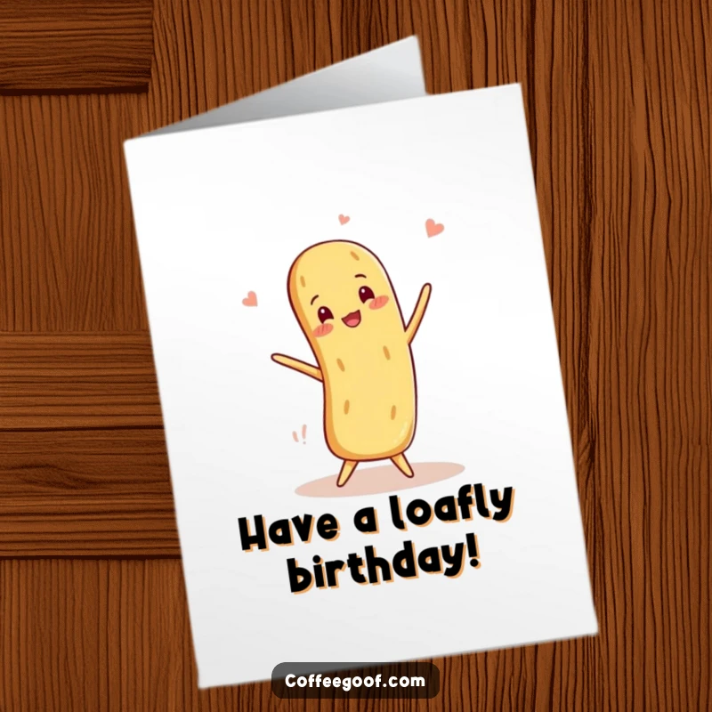 Funny Free Printable Birthday Card depicting a smiling baguette performing a balancing act, adding humor to any celebration.