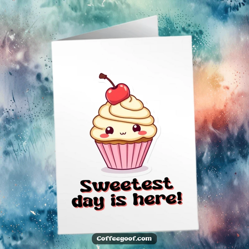 Funny Free Printable Birthday Card: A cheerful cupcake character playfully balancing a bright red cherry on its head.