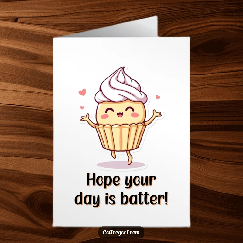 Funny Free Printable Birthday Card featuring a whimsical muffin character mid-dance with frosting swirls, celebrating joyfully.