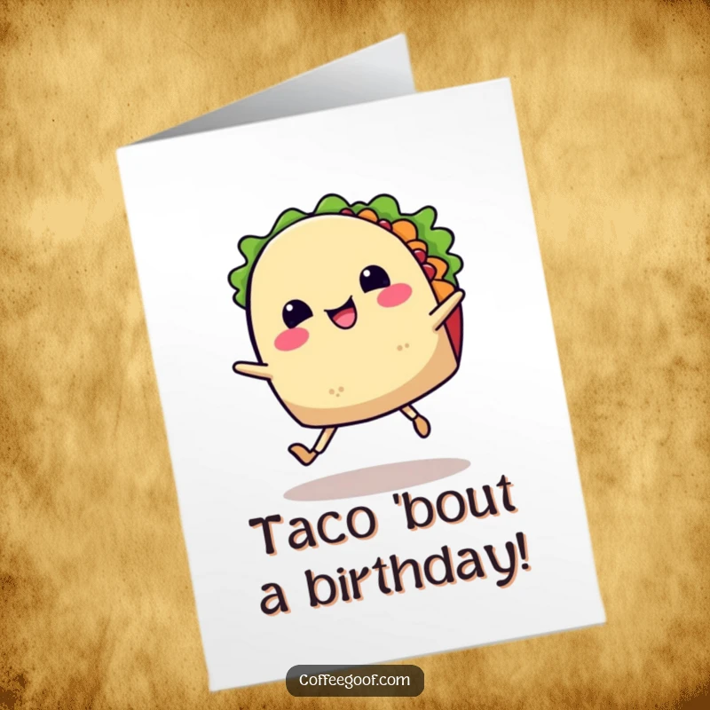 Funny free printable birthday card: A cartoon taco with legs and a happy face performing an energetic, joyful jig.