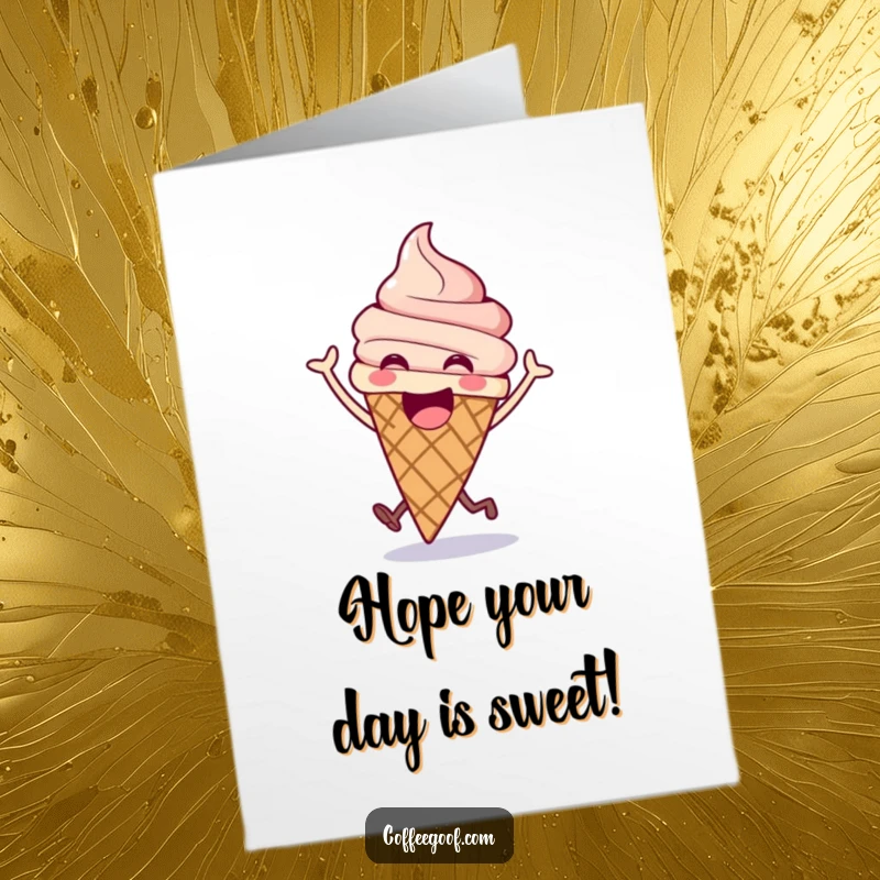 Funny free printable birthday card: an excited ice cream cone mid-bounce with a huge smile, radiating pure birthday happiness and sugary delight.