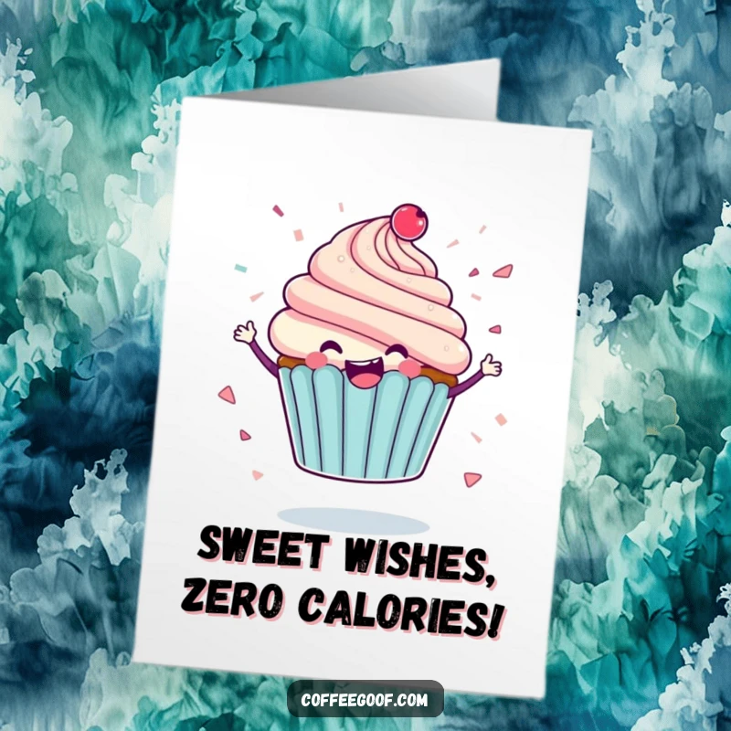 Funny Free Printable Birthday Card: A delighted cupcake character spinning with icing flying like confetti, ready for a party.