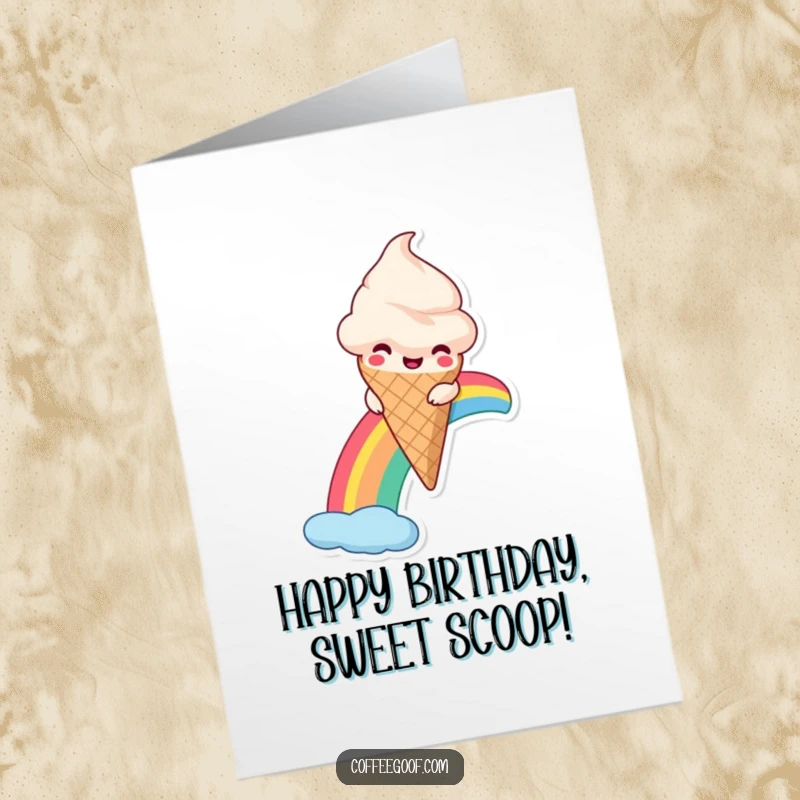 Funny Free Printable Birthday Card of a smiling ice cream cone sliding down a rainbow, bringing sweet wishes and joy.