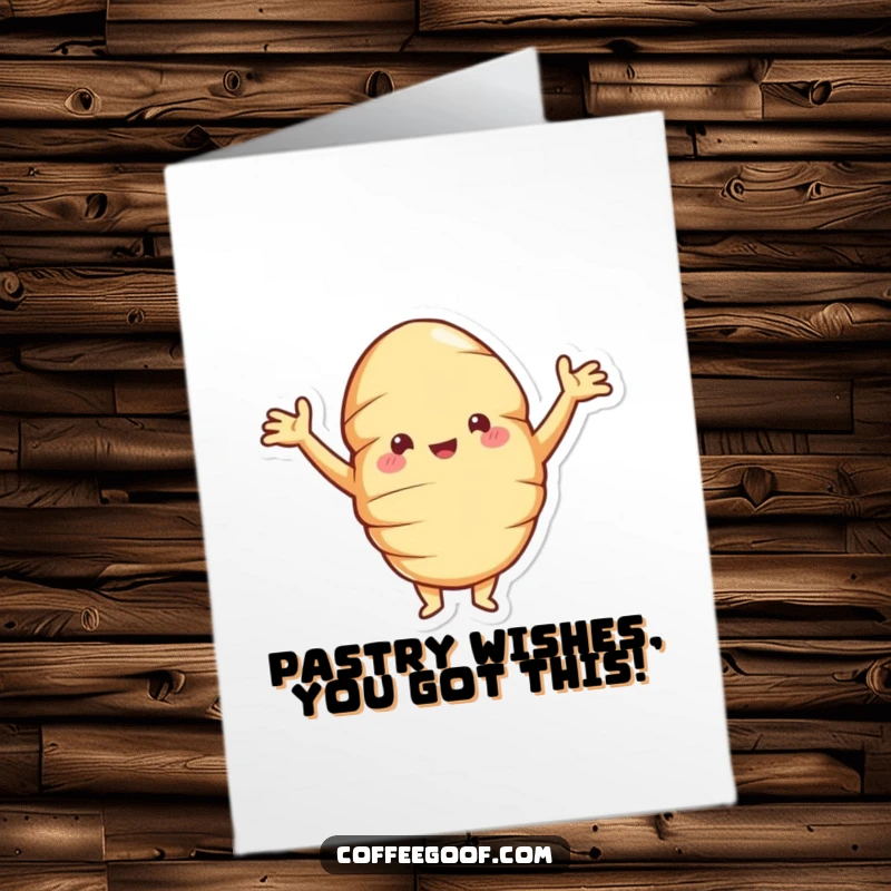 Funny free printable birthday card: a jolly croissant with arms akimbo, posing proudly with a cheerful expression, ready to celebrate.