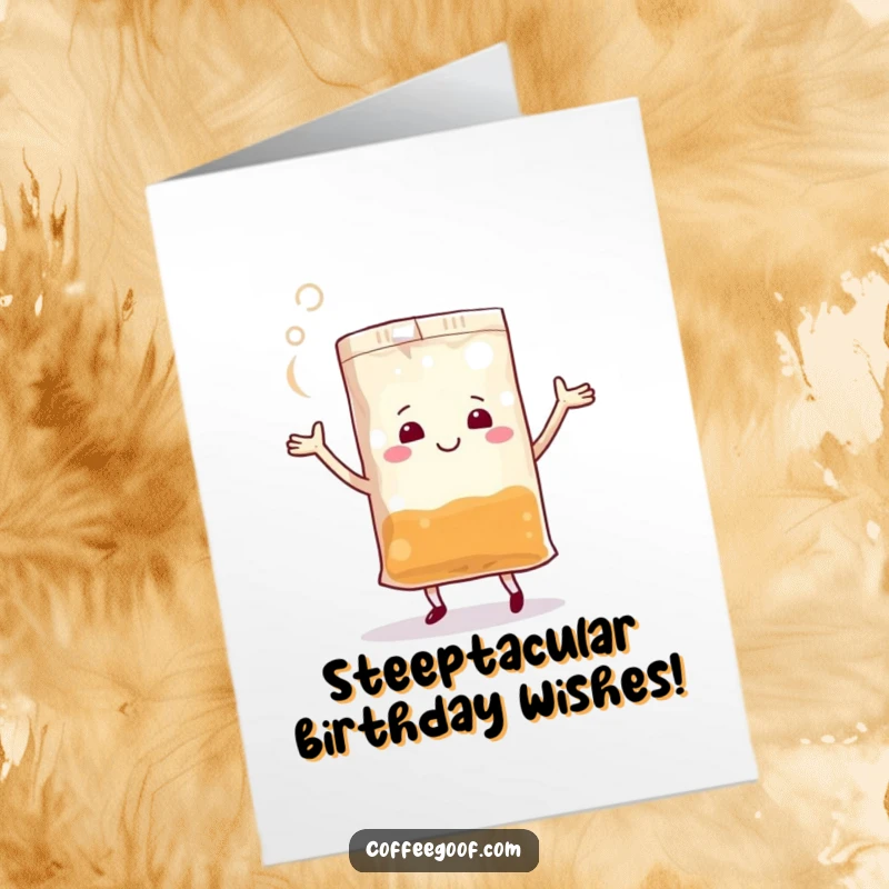 Funny Free Printable Birthday Card featuring a dancing teabag with steam, spreading cheer and laughter for a unique DIY gift.