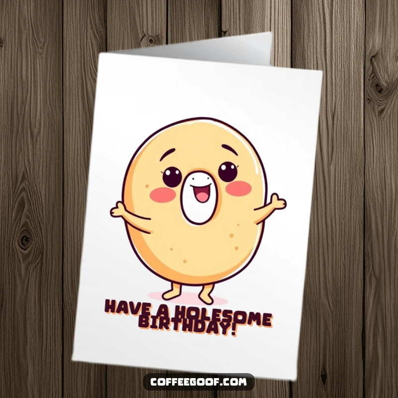 Funny Free Printable Birthday Card where a smiling bagel character is doing a cheerful, energetic jig with pure delight.