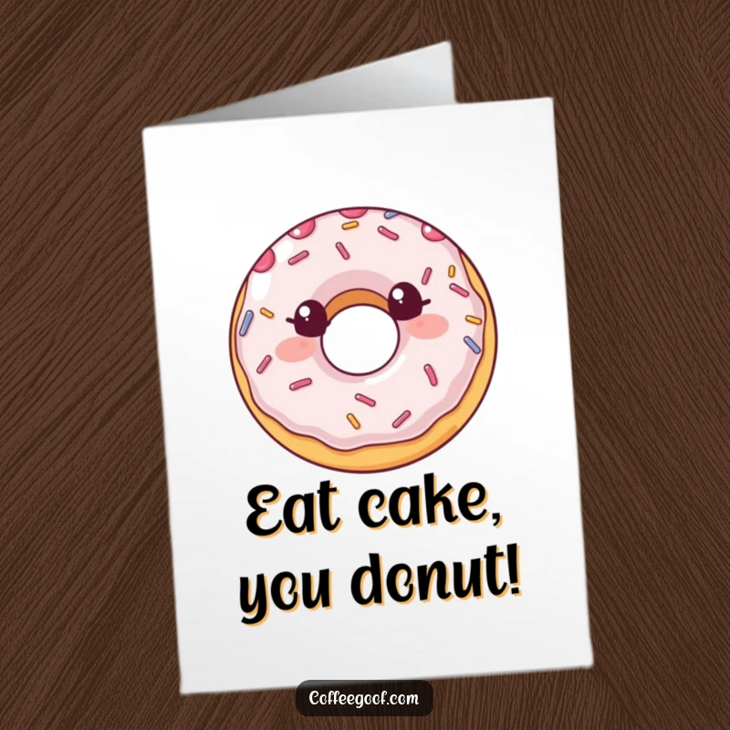 Funny free printable birthday card: A smiling donut with colorful sprinkles bouncing off its sides, ready to party.