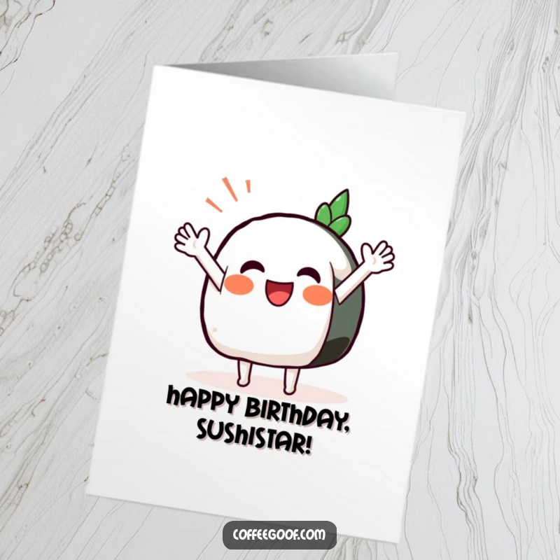 Funny Free Printable Birthday Card of a sushi piece waving happily with outstretched arms, bringing smiles and cheer.