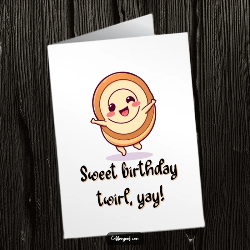 Funny Free Printable Birthday Card: A cute cinnamon roll character doing a happy, playful spin, a sweet celebration card.