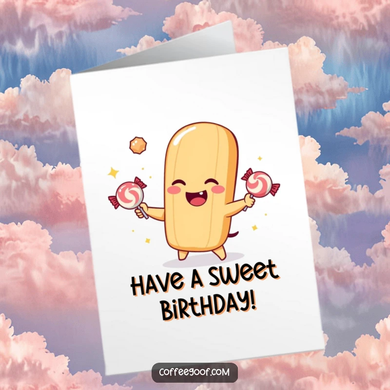 Funny Free Printable Birthday Card: Winking baguette character juggling three colorful, sparkling candies, festive background.