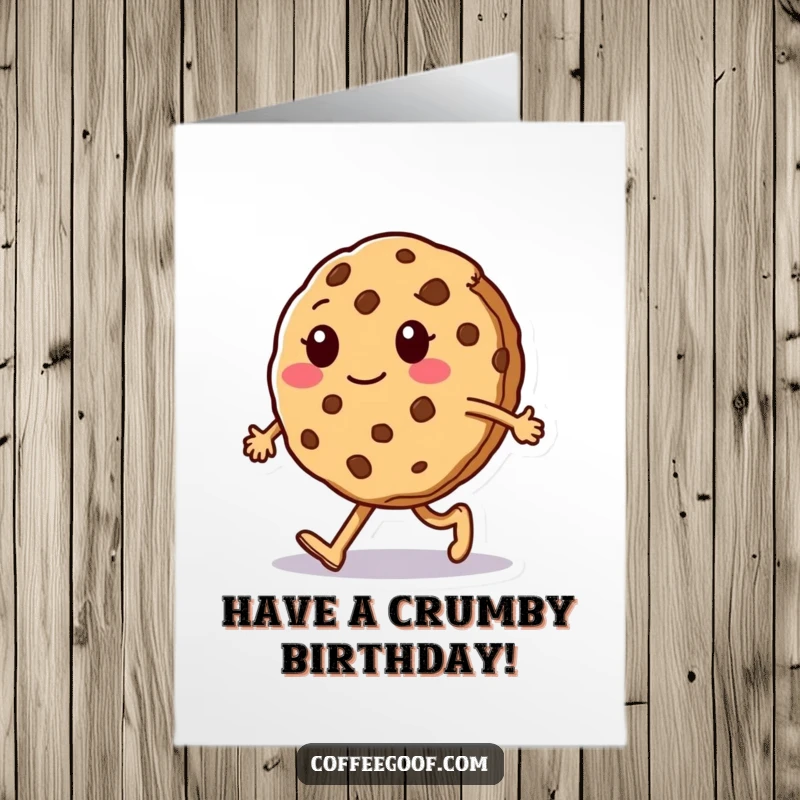 Funny Free Printable Birthday Card: A sentient cookie character doing a wobbly silly walk, breaking slightly mid-stride, full of humor.