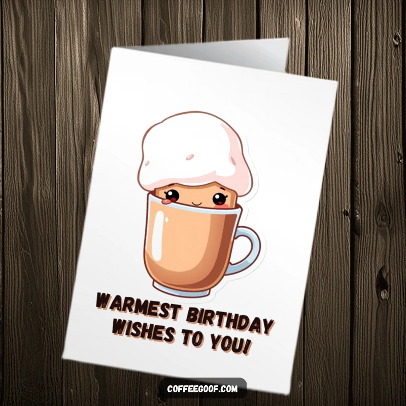 Free Printable Birthday Card: A cup of cocoa wearing a whimsical marshmallow hat, offering warm and sweet birthday wishes.