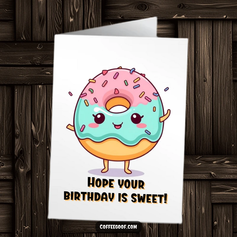 Funny Free Printable Birthday Card: An anthropomorphic donut character with celebratory sprinkles dancing off its edges, wishing joy.