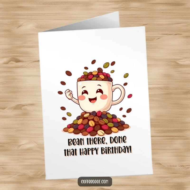 Funny Free Printable Birthday Card: Smiling coffee mug character joyfully juggling a heap of colorful coffee beans with a cheerful expression.