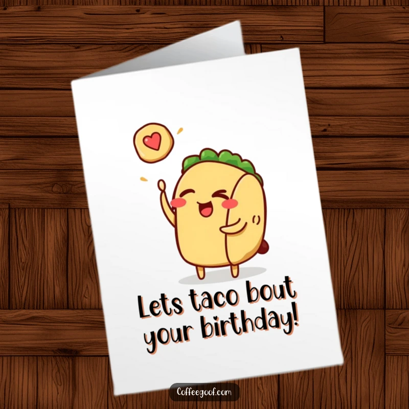 Funny Free Printable Birthday Card: A winking taco character comically flips a small pancake with a playful, mischievous expression.