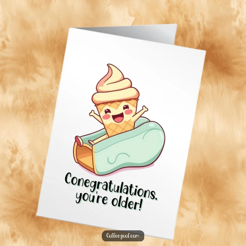 Funny Free Printable Birthday Card: Anthropomorphic ice cream cone joyfully sliding down, leaving a trail of happy sprinkles.
