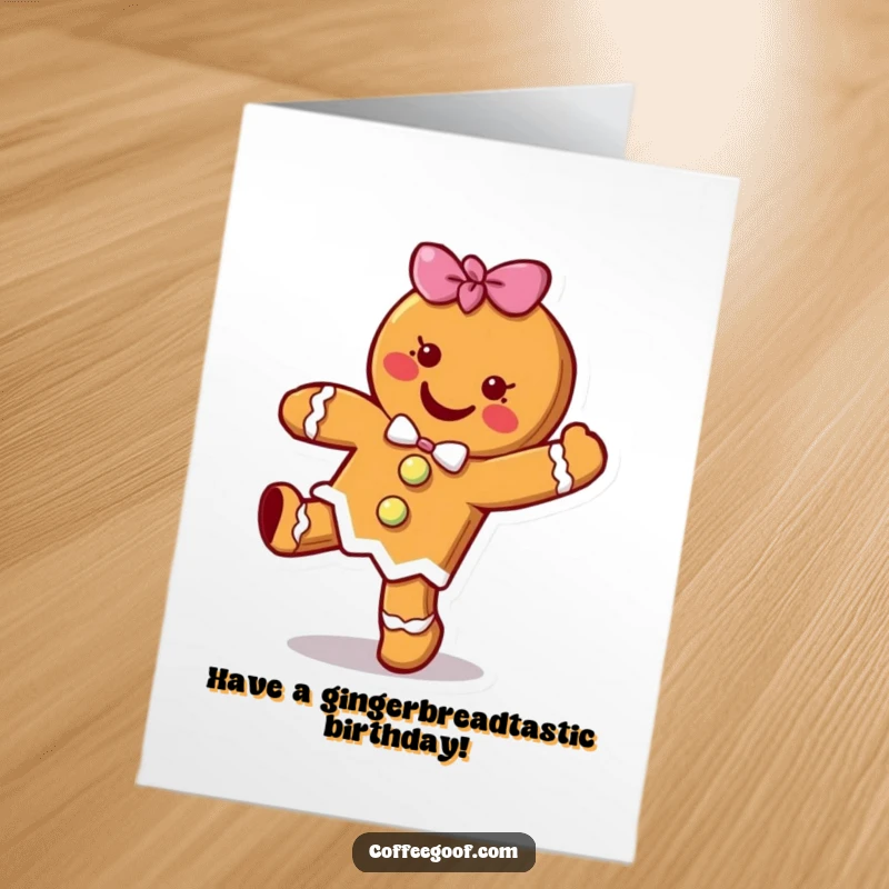 Free Printable Birthday Card: A cheerful gingerbread cookie character mid-hop, radiating pure birthday excitement and fun.