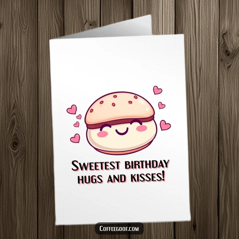 Free Printable Birthday Card: A smiling macaroon character surrounded by tiny red hearts, radiating sweetness and birthday joy.